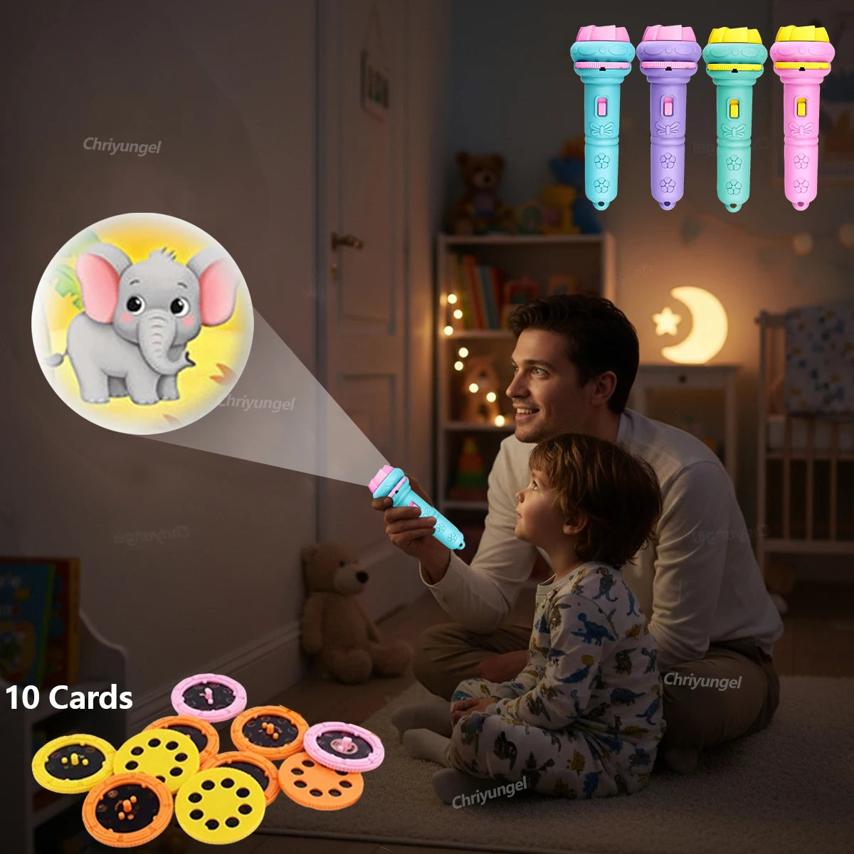 Kids Projector Flashlight with 10 Cards 80 Images Cartoon Night Light Projector Toy for Kids Bedtime Story Education Gift